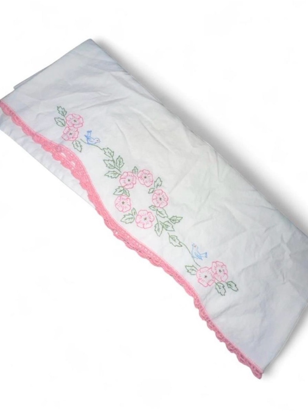 Embroidered Floral Pillowcase with Pink Lace Trim